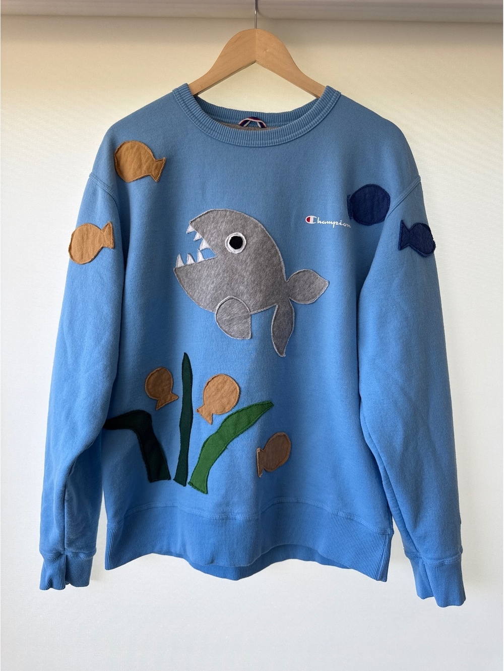 Upcycled Champion Fish Sweatshirt Cotton and Blue Co Large Blue Crewneck - Picture 1 of 4